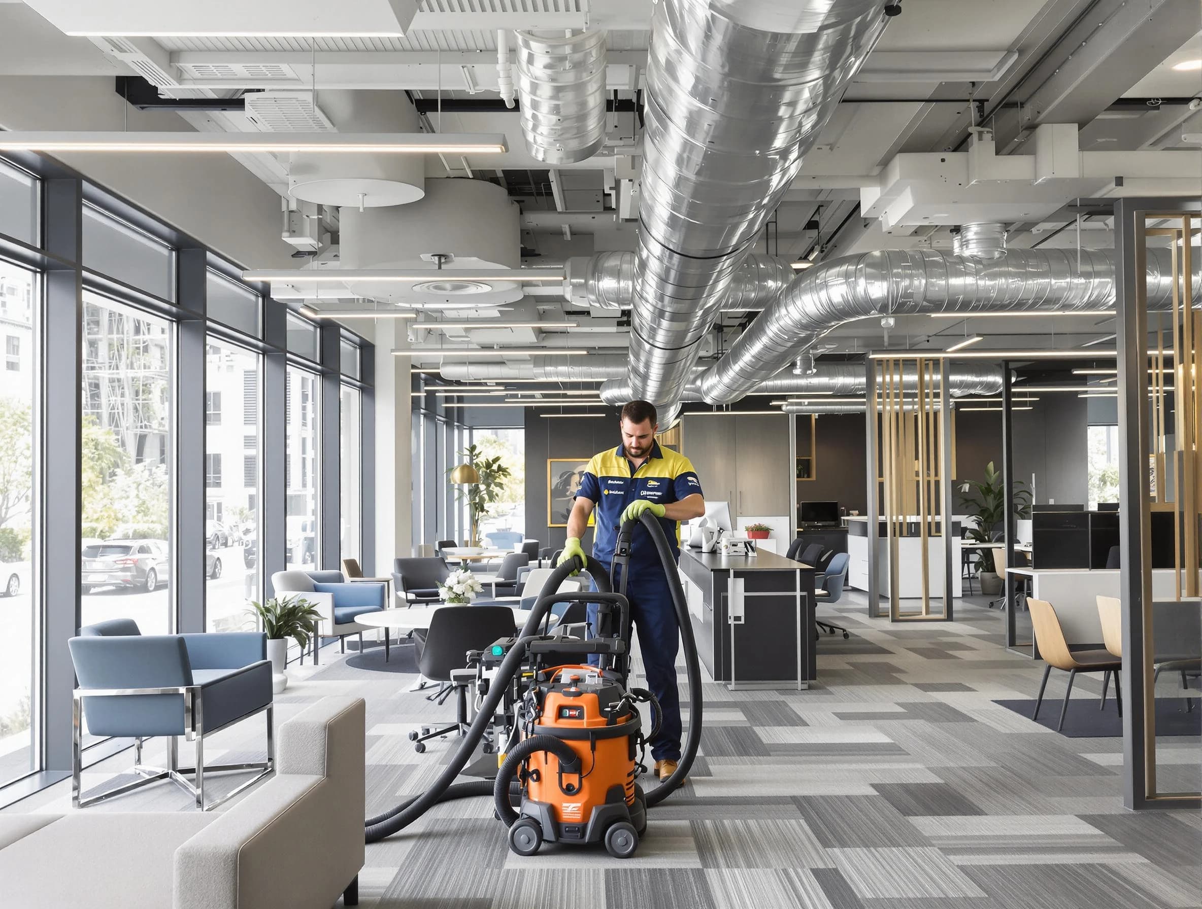Carnegie Air Duct Cleaning team performing thorough commercial duct cleaning at a Carnegie business center